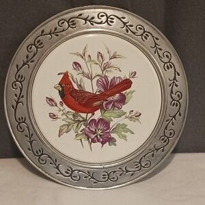 Vintage pewter porcelain plate trivet Cardinal‎ Cast Craft Columbia PA